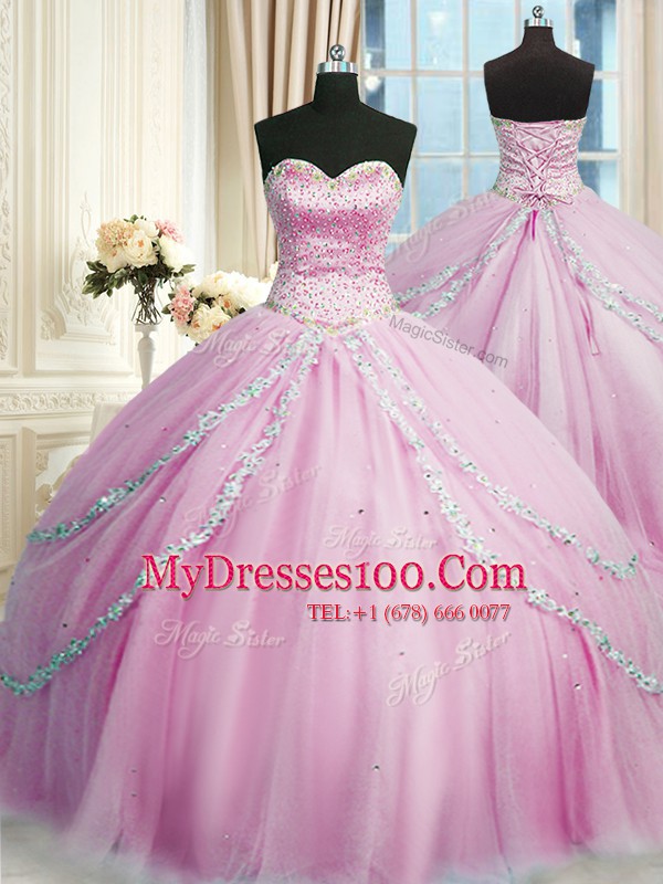 Sleeveless Tulle With Train Court Train Lace Up Vestidos de Quinceanera in Lilac with Beading and Appliques