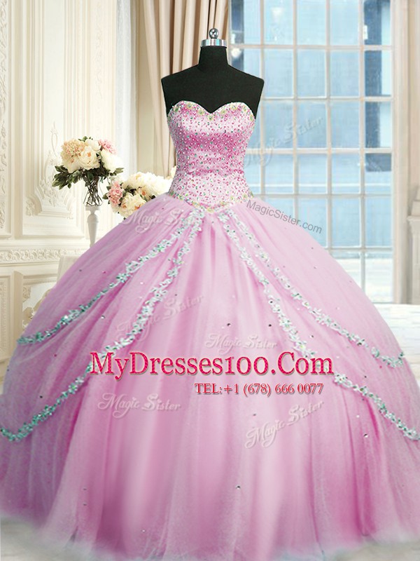 Sleeveless Tulle With Train Court Train Lace Up Vestidos de Quinceanera in Lilac with Beading and Appliques