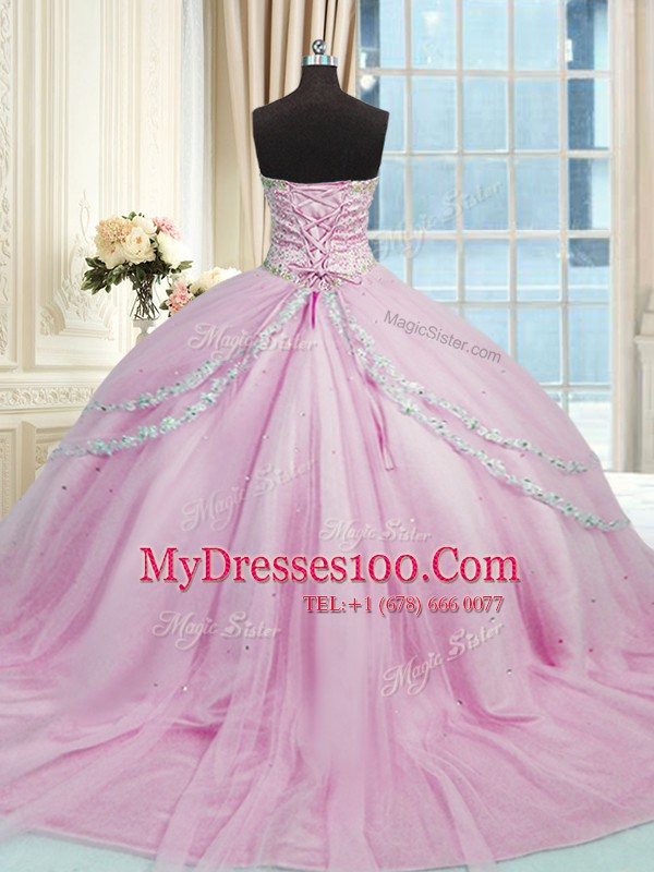 Sleeveless Tulle With Train Court Train Lace Up Vestidos de Quinceanera in Lilac with Beading and Appliques