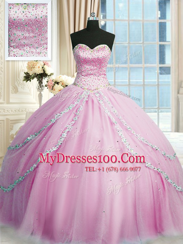Sleeveless Tulle With Train Court Train Lace Up Vestidos de Quinceanera in Lilac with Beading and Appliques