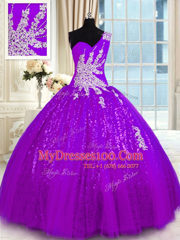 Eye-catching Purple Tulle and Sequined Lace Up One Shoulder Sleeveless Floor Length Sweet 16 Dress Appliques