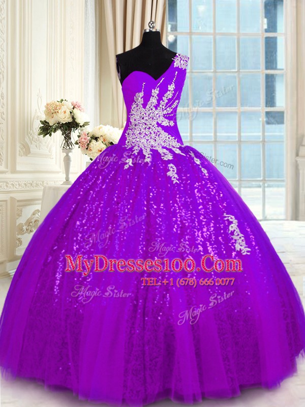 Eye-catching Purple Tulle and Sequined Lace Up One Shoulder Sleeveless Floor Length Sweet 16 Dress Appliques