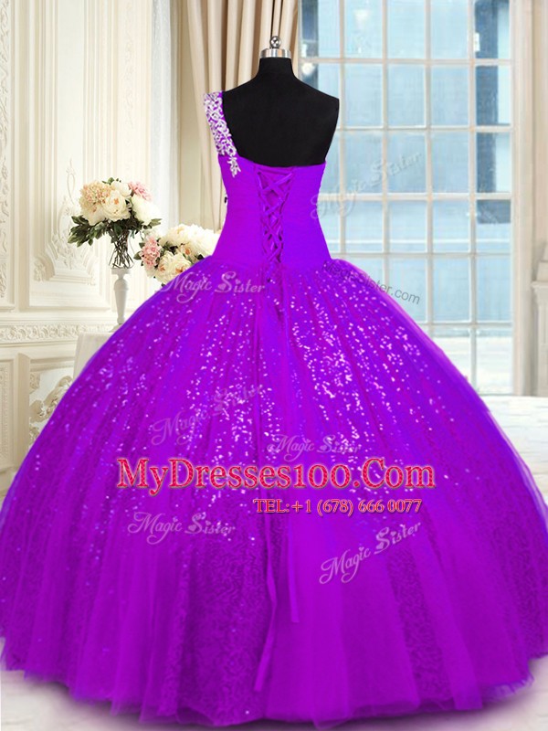 Eye-catching Purple Tulle and Sequined Lace Up One Shoulder Sleeveless Floor Length Sweet 16 Dress Appliques