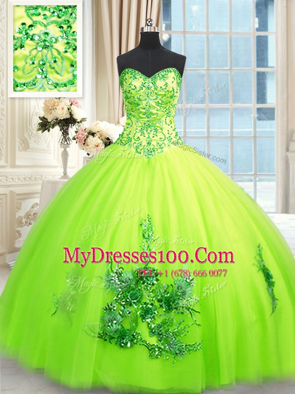 Fantastic Yellow Green Sweetheart Lace Up Beading and Appliques and Embroidery Quince Ball Gowns Sleeveless