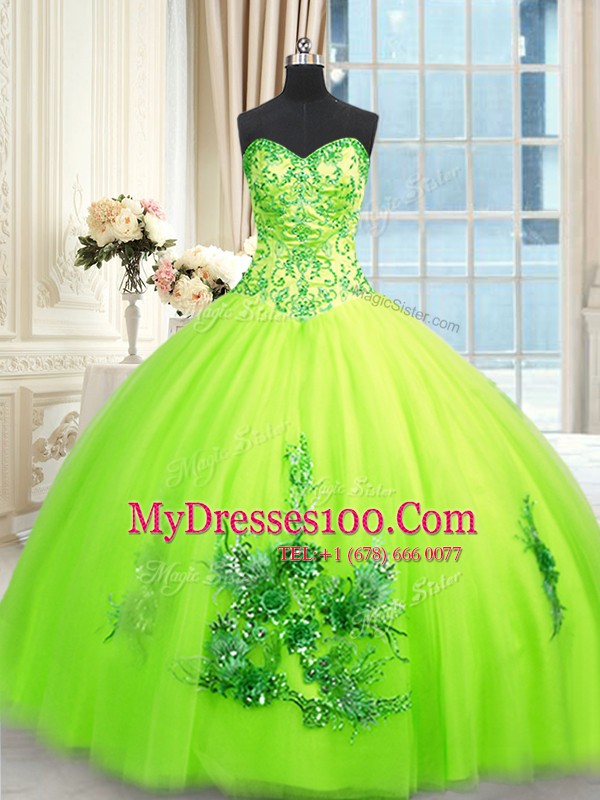 Fantastic Yellow Green Sweetheart Lace Up Beading and Appliques and Embroidery Quince Ball Gowns Sleeveless