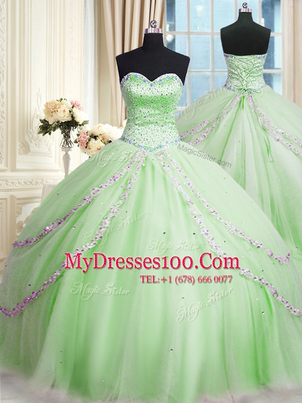 New Style Apple Green Sleeveless With Train Beading and Appliques Lace Up Sweet 16 Quinceanera Dress
