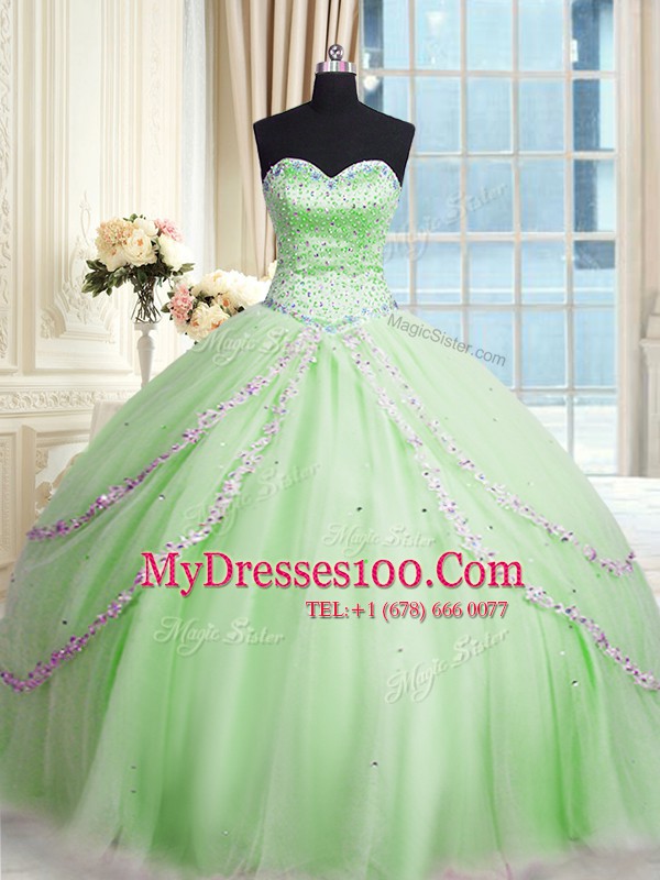 New Style Apple Green Sleeveless With Train Beading and Appliques Lace Up Sweet 16 Quinceanera Dress