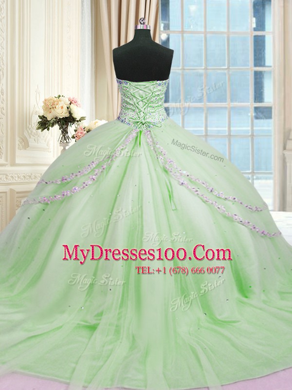 New Style Apple Green Sleeveless With Train Beading and Appliques Lace Up Sweet 16 Quinceanera Dress