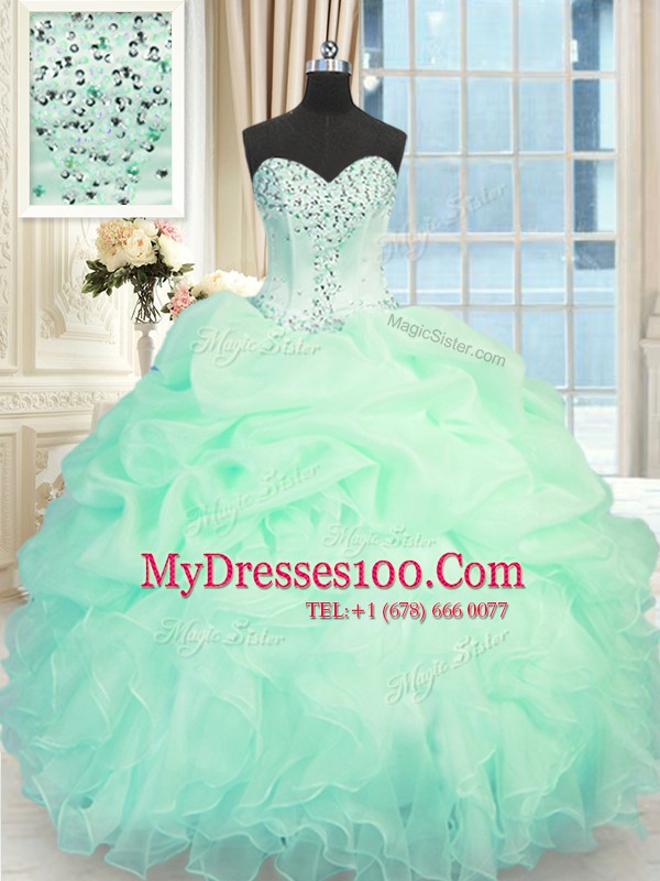 Edgy Apple Green Organza Lace Up Sweetheart Sleeveless Floor Length Quinceanera Dresses Beading and Ruffles