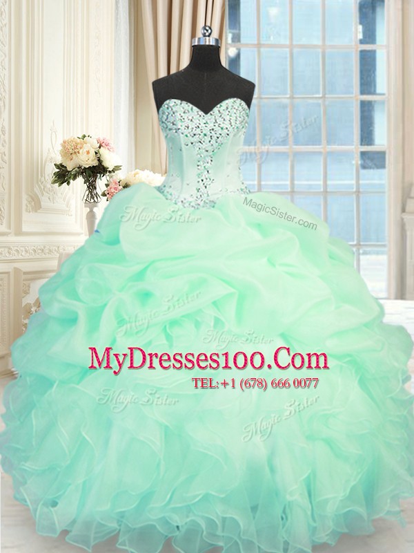 Edgy Apple Green Organza Lace Up Sweetheart Sleeveless Floor Length Quinceanera Dresses Beading and Ruffles