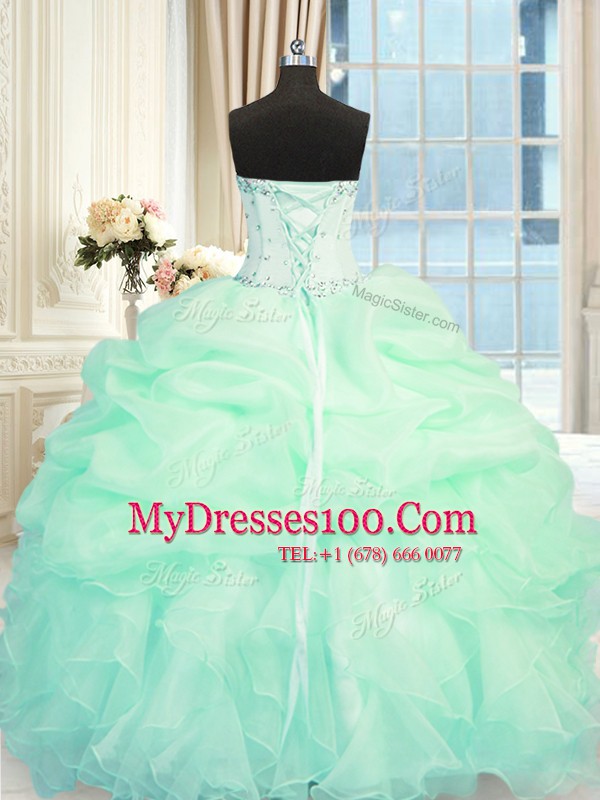 Edgy Apple Green Organza Lace Up Sweetheart Sleeveless Floor Length Quinceanera Dresses Beading and Ruffles