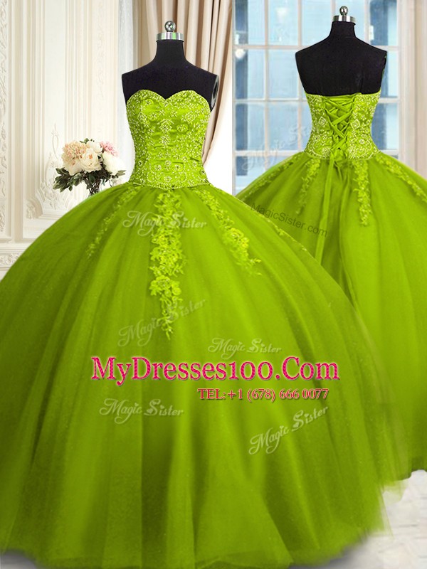 Sweetheart Sleeveless Vestidos de Quinceanera Floor Length Embroidery Olive Green Tulle