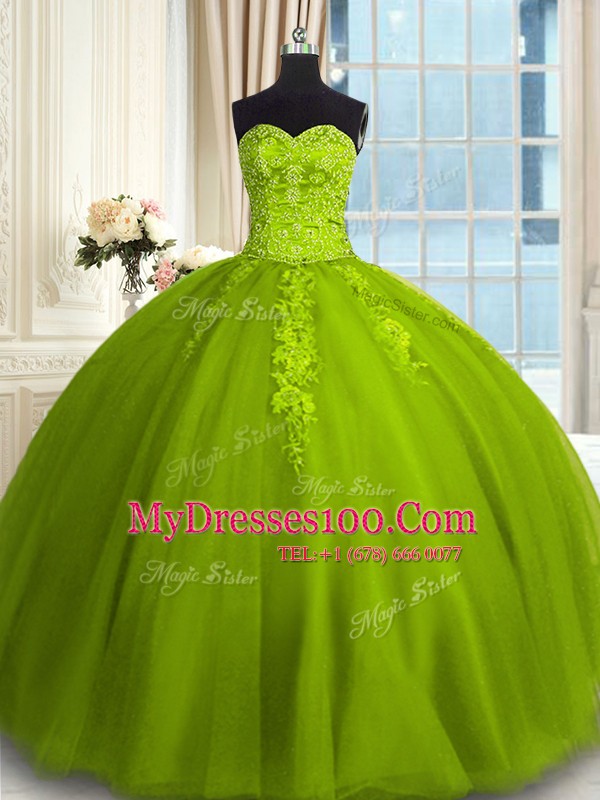 Sweetheart Sleeveless Vestidos de Quinceanera Floor Length Embroidery Olive Green Tulle
