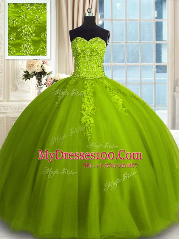 Sweetheart Sleeveless Vestidos de Quinceanera Floor Length Embroidery Olive Green Tulle