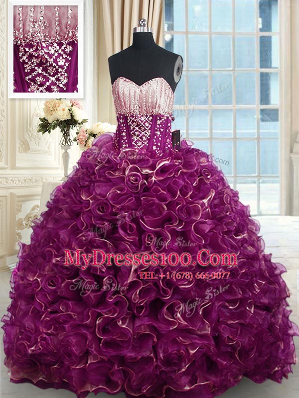Fuchsia Sleeveless Brush Train Beading and Ruffles With Train Ball Gown Prom Dress