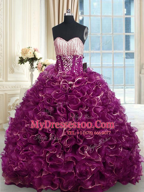 Fuchsia Sleeveless Brush Train Beading and Ruffles With Train Ball Gown Prom Dress