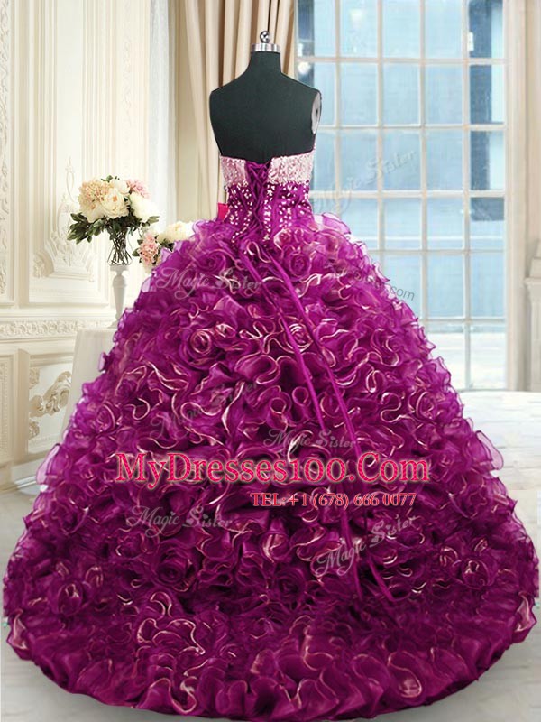 Fuchsia Sleeveless Brush Train Beading and Ruffles With Train Ball Gown Prom Dress