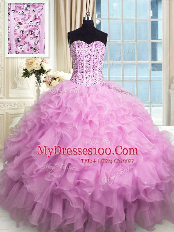 Lovely Lilac Ball Gowns Organza Sweetheart Sleeveless Beading and Ruffles and Sequins Floor Length Lace Up Quinceanera Gowns