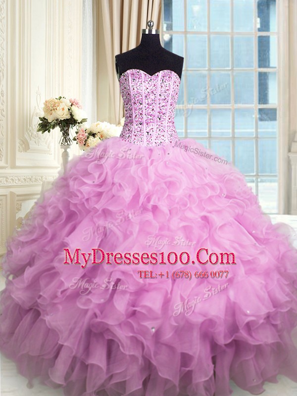 Lovely Lilac Ball Gowns Organza Sweetheart Sleeveless Beading and Ruffles and Sequins Floor Length Lace Up Quinceanera Gowns