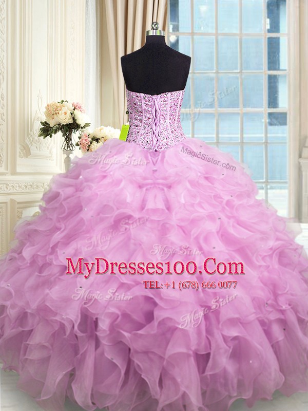 Lovely Lilac Ball Gowns Organza Sweetheart Sleeveless Beading and Ruffles and Sequins Floor Length Lace Up Quinceanera Gowns