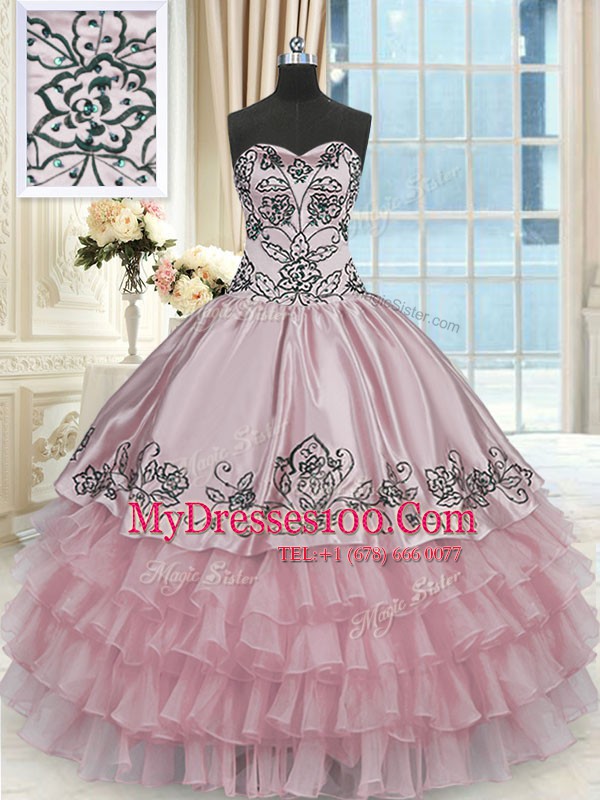 Pink Sleeveless Beading and Embroidery and Ruffled Layers Floor Length Quinceanera Dress