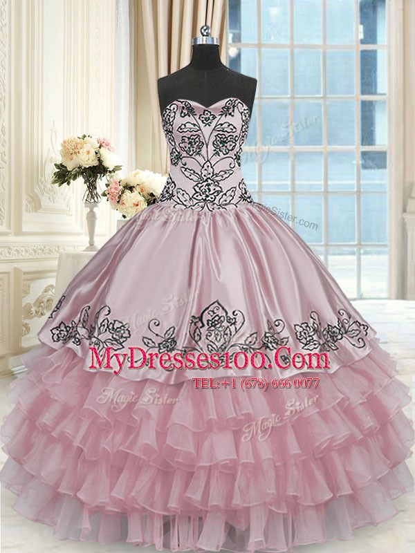 Pink Sleeveless Beading and Embroidery and Ruffled Layers Floor Length Quinceanera Dress