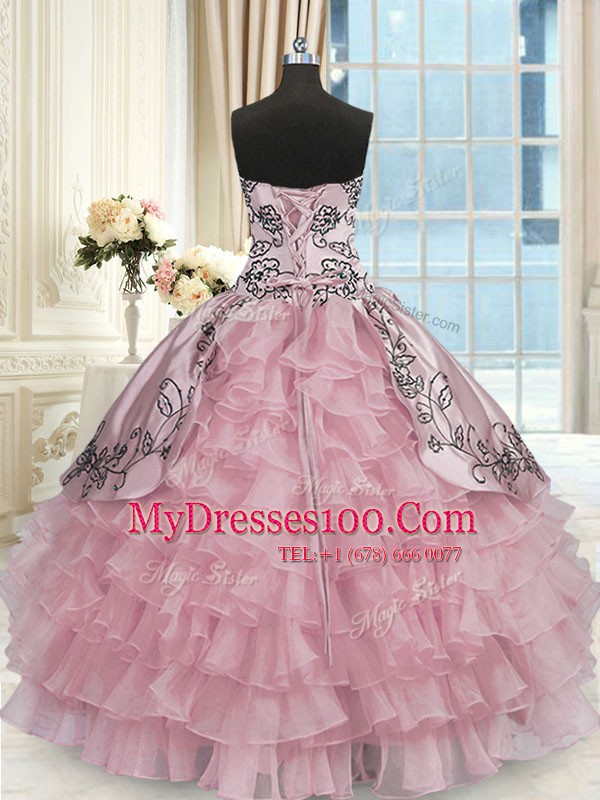 Pink Sleeveless Beading and Embroidery and Ruffled Layers Floor Length Quinceanera Dress