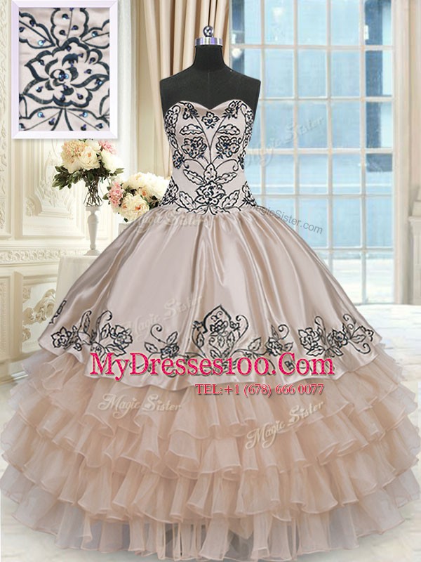 Modest Champagne Sleeveless Beading and Embroidery and Ruffled Layers Floor Length Quinceanera Gowns