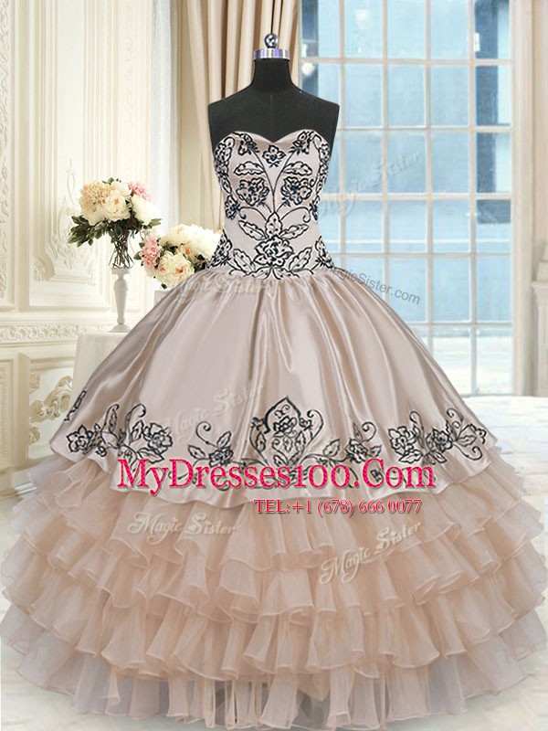 Modest Champagne Sleeveless Beading and Embroidery and Ruffled Layers Floor Length Quinceanera Gowns