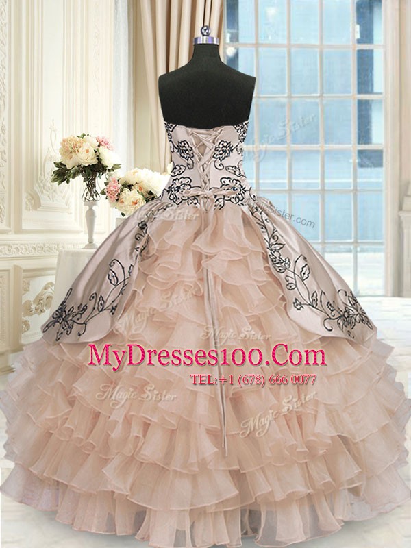 Modest Champagne Sleeveless Beading and Embroidery and Ruffled Layers Floor Length Quinceanera Gowns