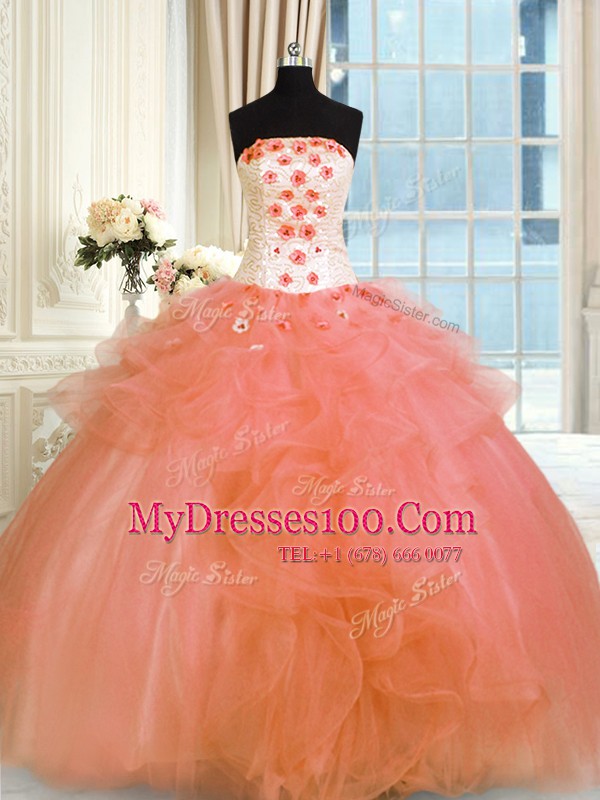 Sleeveless Tulle Floor Length Lace Up Ball Gown Prom Dress in Orange with Pick Ups and Hand Made Flower
