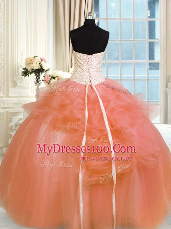 Sleeveless Tulle Floor Length Lace Up Ball Gown Prom Dress in Orange with Pick Ups and Hand Made Flower