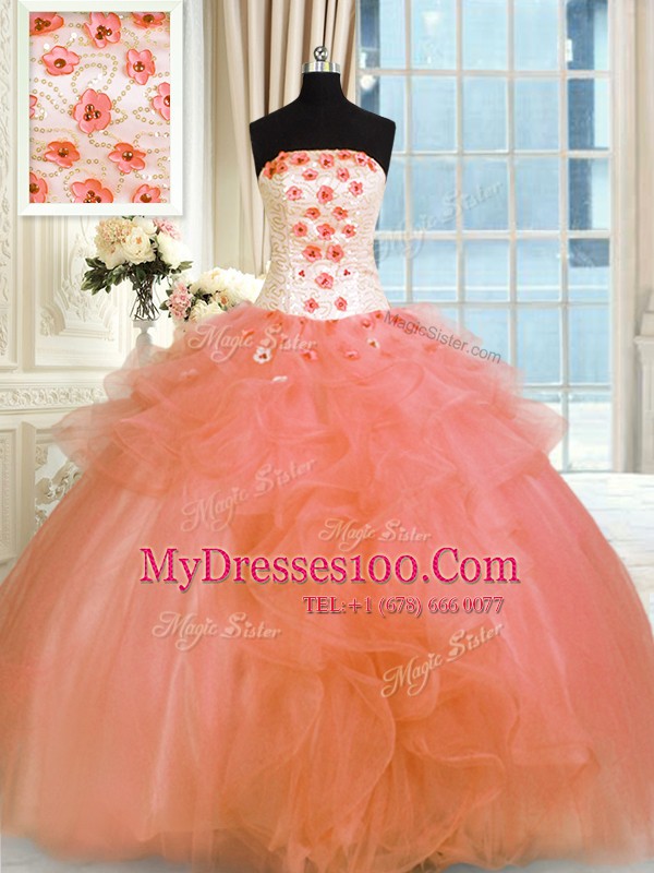 Sleeveless Tulle Floor Length Lace Up Ball Gown Prom Dress in Orange with Pick Ups and Hand Made Flower