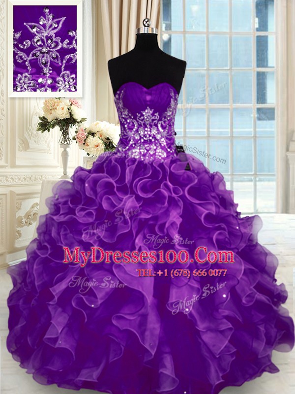 Sweetheart Sleeveless Lace Up Ball Gown Prom Dress Purple Organza