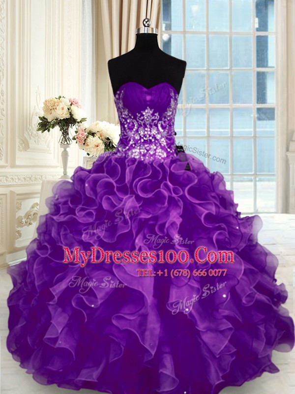 Sweetheart Sleeveless Lace Up Ball Gown Prom Dress Purple Organza