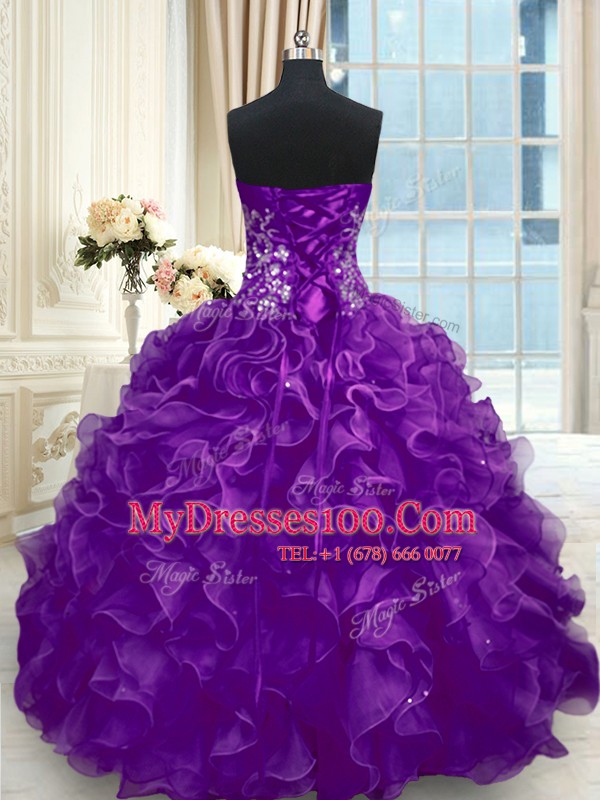 Sweetheart Sleeveless Lace Up Ball Gown Prom Dress Purple Organza