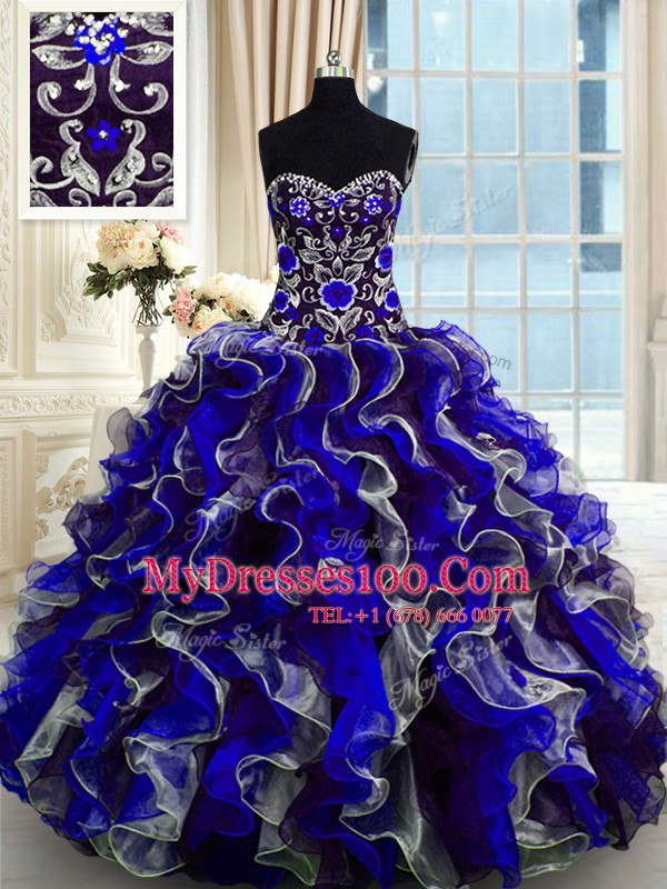 Beautiful Multi-color Ball Gowns Beading and Ruffles Quince Ball Gowns Lace Up Organza Sleeveless Floor Length