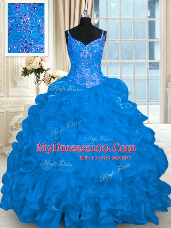 Blue Lace Up Spaghetti Straps Beading and Embroidery and Ruffles and Pick Ups 15 Quinceanera Dress Organza Sleeveless Brush Train