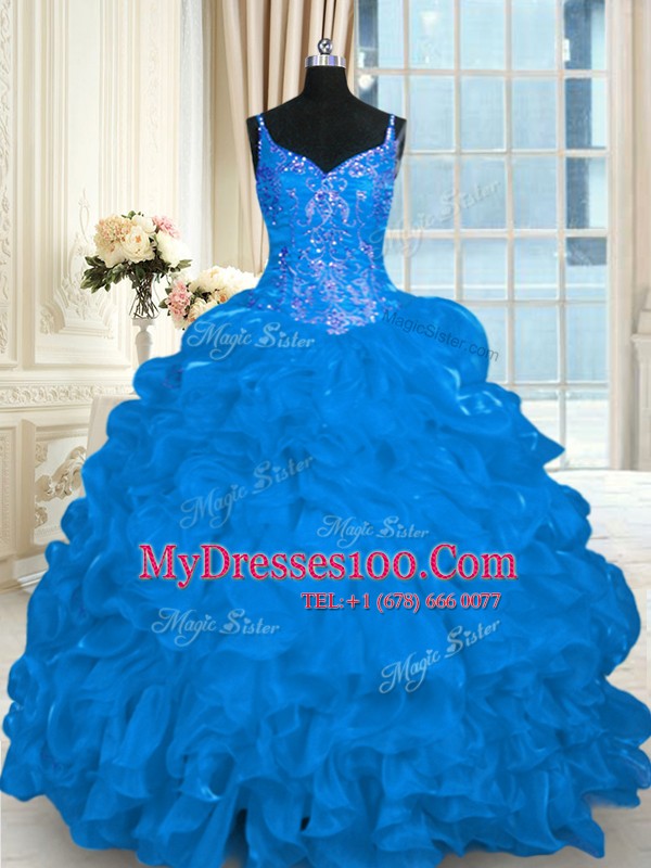 Blue Lace Up Spaghetti Straps Beading and Embroidery and Ruffles and Pick Ups 15 Quinceanera Dress Organza Sleeveless Brush Train