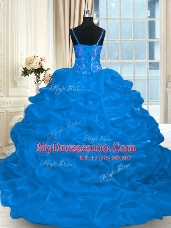 Blue Lace Up Spaghetti Straps Beading and Embroidery and Ruffles and Pick Ups 15 Quinceanera Dress Organza Sleeveless Brush Train