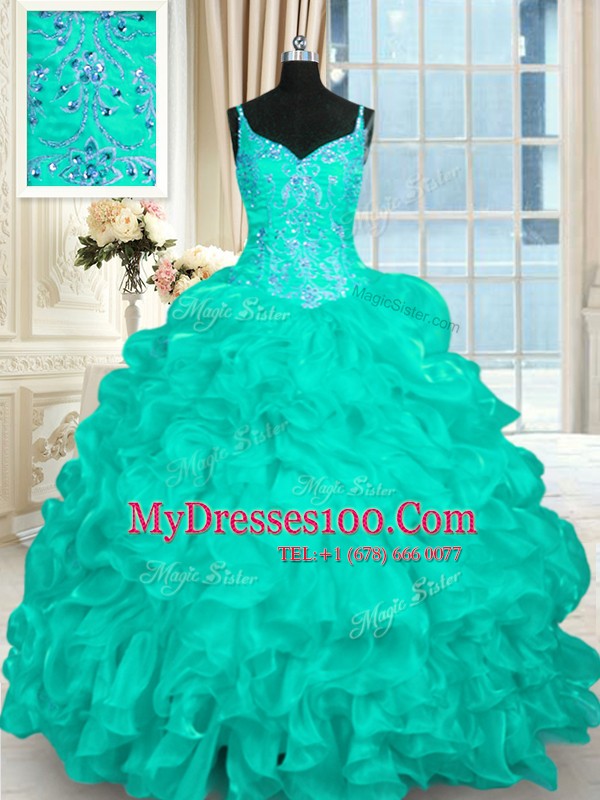 Spaghetti Straps Sleeveless Brush Train Lace Up Vestidos de Quinceanera Turquoise Organza