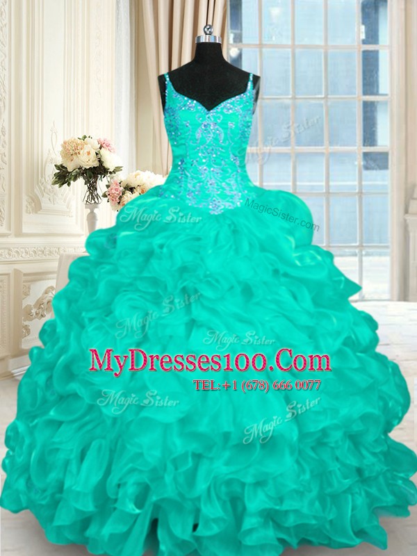 Spaghetti Straps Sleeveless Brush Train Lace Up Vestidos de Quinceanera Turquoise Organza