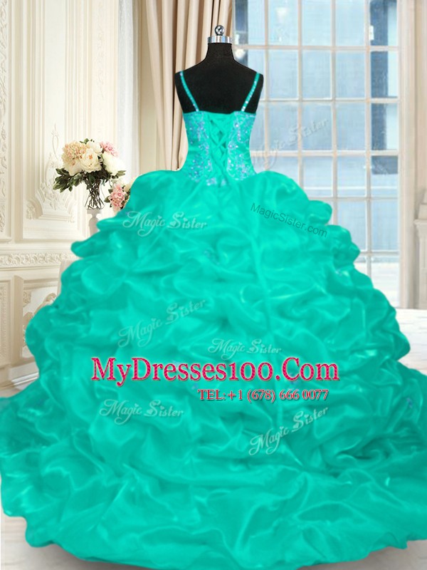 Spaghetti Straps Sleeveless Brush Train Lace Up Vestidos de Quinceanera Turquoise Organza