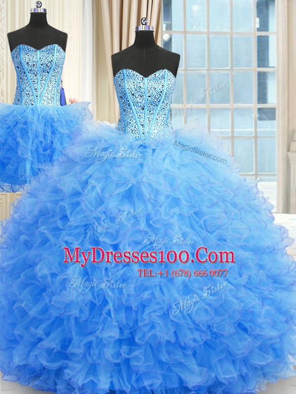 Admirable Three Piece Floor Length Ball Gowns Sleeveless Baby Blue Quince Ball Gowns Lace Up