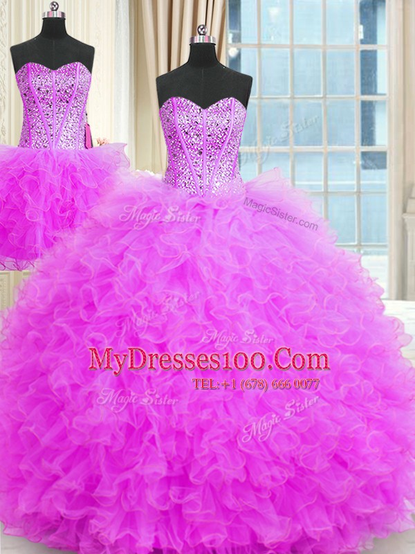 Three Piece Lilac Ball Gowns Strapless Sleeveless Tulle Floor Length Lace Up Beading and Ruffles Ball Gown Prom Dress