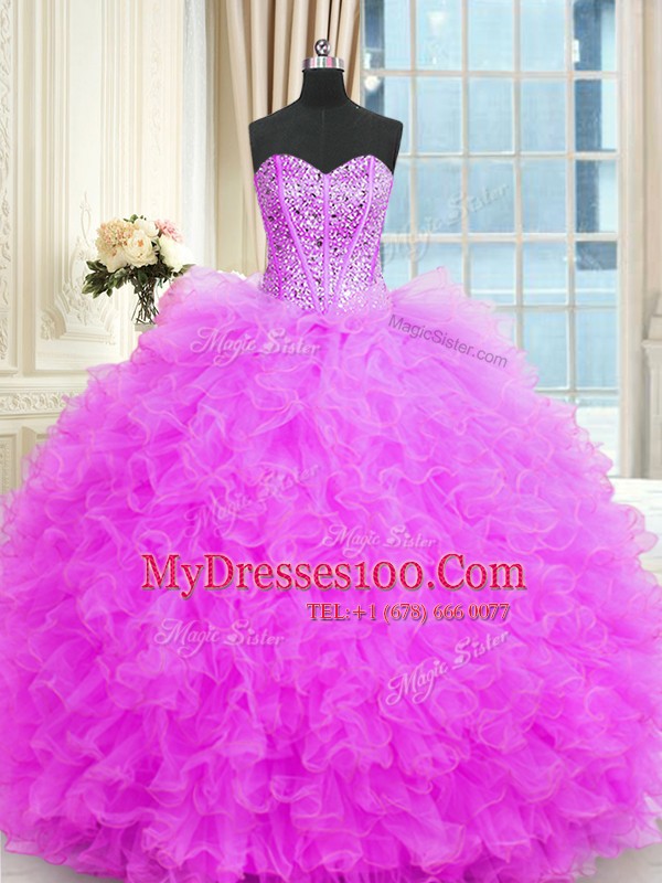 Three Piece Lilac Ball Gowns Strapless Sleeveless Tulle Floor Length Lace Up Beading and Ruffles Ball Gown Prom Dress