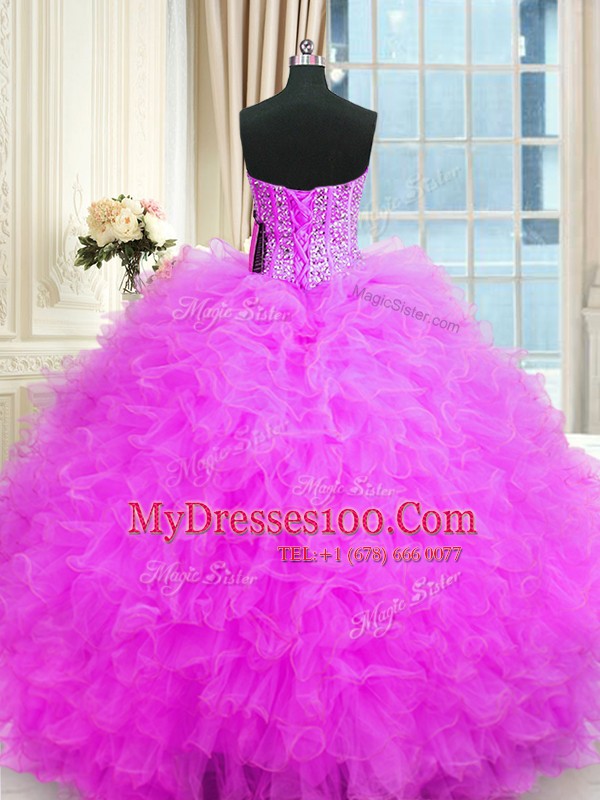 Three Piece Lilac Ball Gowns Strapless Sleeveless Tulle Floor Length Lace Up Beading and Ruffles Ball Gown Prom Dress
