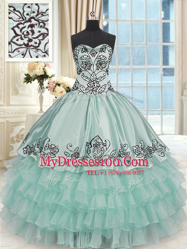 Apple Green Organza and Taffeta Lace Up Sweetheart Sleeveless Floor Length Quinceanera Dress Beading and Embroidery and Ruffled Layers