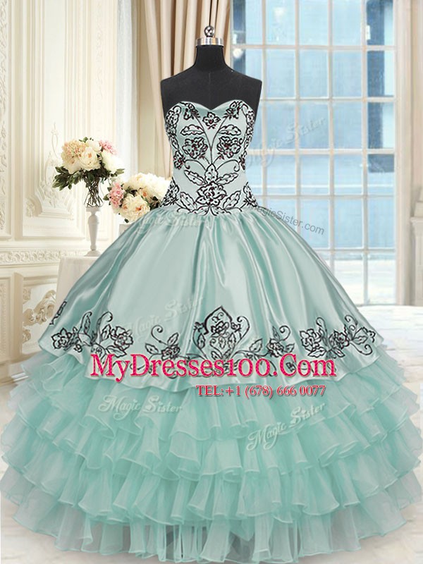 Apple Green Organza and Taffeta Lace Up Sweetheart Sleeveless Floor Length Quinceanera Dress Beading and Embroidery and Ruffled Layers