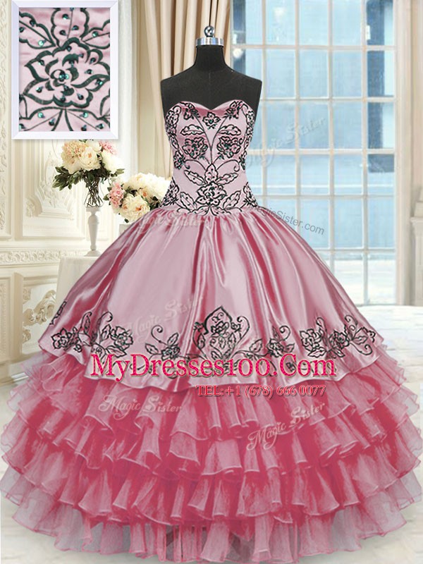 Nice Sweetheart Sleeveless Quinceanera Dresses Floor Length Beading and Embroidery and Ruffled Layers Rose Pink Organza and Taffeta